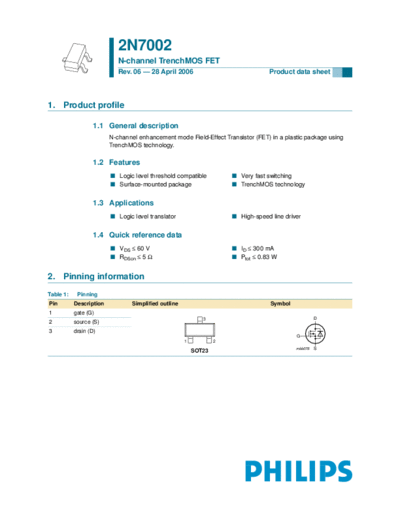 . Electronic Components Datasheets 2n7002  . Electronic Components Datasheets Active components Transistors Philips 2n7002.pdf