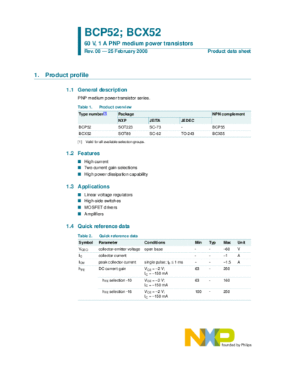 Philips bcp52 bcx52  . Electronic Components Datasheets Active components Transistors Philips bcp52_bcx52.pdf