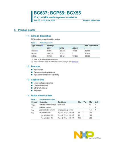 Philips bc637 bcp55 bcx55  . Electronic Components Datasheets Active components Transistors Philips bc637_bcp55_bcx55.pdf