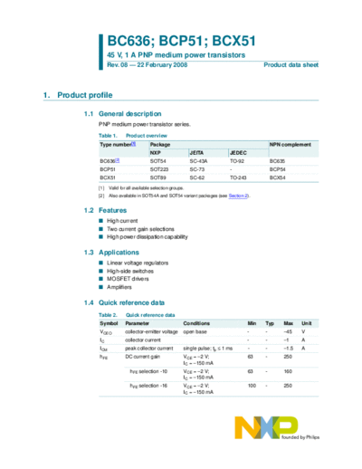 Philips bc636 bcp51 bcx51  . Electronic Components Datasheets Active components Transistors Philips bc636_bcp51_bcx51.pdf