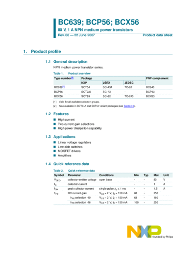 Philips bc639 bcp56 bcx56  . Electronic Components Datasheets Active components Transistors Philips bc639_bcp56_bcx56.pdf