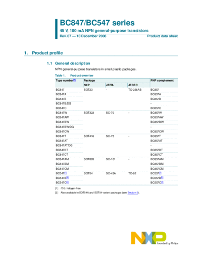 Philips bc847 bc547 ser  . Electronic Components Datasheets Active components Transistors Philips bc847_bc547_ser.pdf