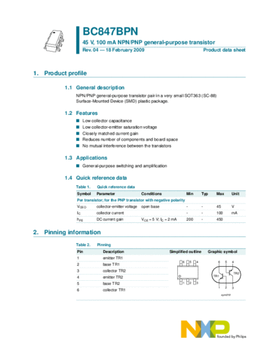Philips bc847bpn  . Electronic Components Datasheets Active components Transistors Philips bc847bpn.pdf