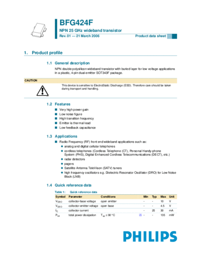 . Electronic Components Datasheets bfg424f  . Electronic Components Datasheets Active components Transistors Philips bfg424f.pdf