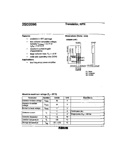 Rohm 2sd2096  . Electronic Components Datasheets Active components Transistors Rohm 2sd2096.pdf