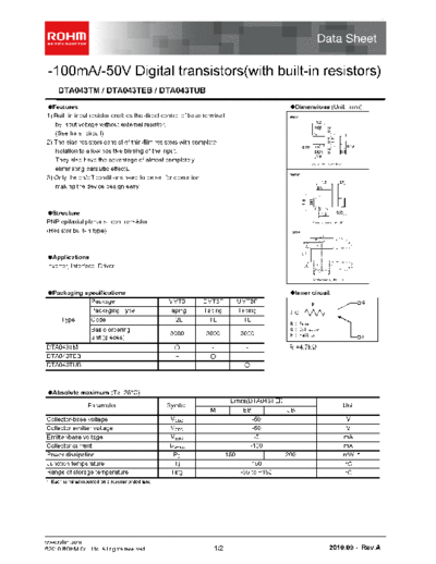 Rohm dta043teb  . Electronic Components Datasheets Active components Transistors Rohm dta043teb.pdf