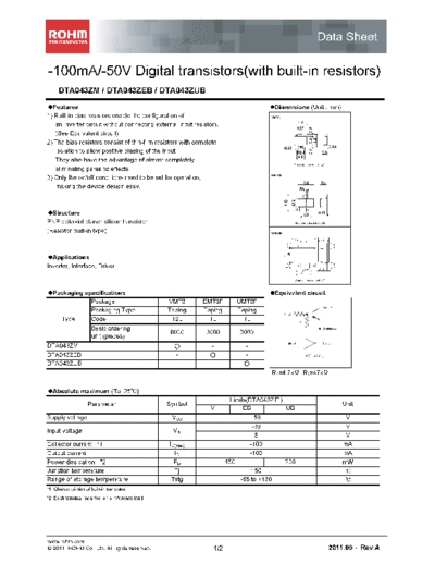 Rohm dta043z  . Electronic Components Datasheets Active components Transistors Rohm dta043z.pdf