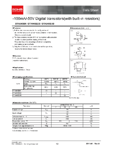 Rohm dta043e  . Electronic Components Datasheets Active components Transistors Rohm dta043e.pdf