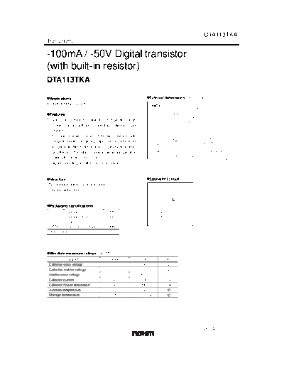 Rohm dta113tka  . Electronic Components Datasheets Active components Transistors Rohm dta113tka.pdf