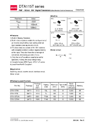 Rohm dta115te  . Electronic Components Datasheets Active components Transistors Rohm dta115te.pdf