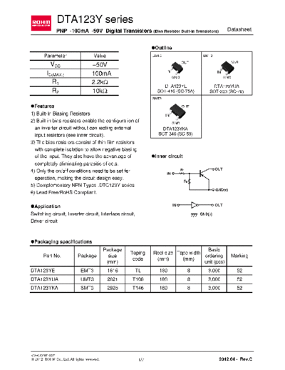 Rohm dta123ye  . Electronic Components Datasheets Active components Transistors Rohm dta123ye.pdf