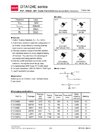 Rohm dta124e  . Electronic Components Datasheets Active components Transistors Rohm dta124e.pdf