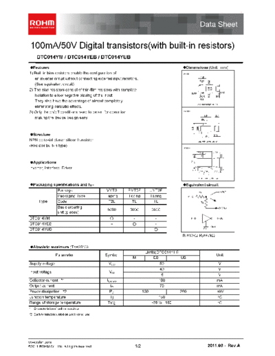 Rohm dtc014yeb  . Electronic Components Datasheets Active components Transistors Rohm dtc014yeb.pdf