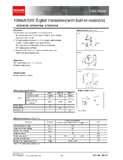 Rohm dtc043teb  . Electronic Components Datasheets Active components Transistors Rohm dtc043teb.pdf