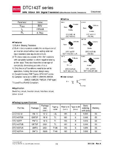 Rohm dtc143t  . Electronic Components Datasheets Active components Transistors Rohm dtc143t.pdf