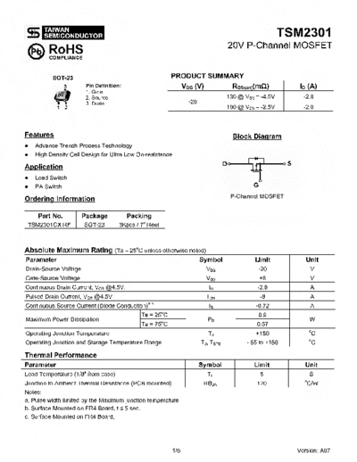 Taiwansemi tsm2301  . Electronic Components Datasheets Active components Transistors Taiwansemi tsm2301.pdf