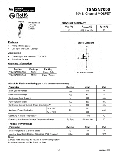 Taiwansemi tsm2n7000  . Electronic Components Datasheets Active components Transistors Taiwansemi tsm2n7000.pdf