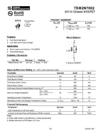 Taiwansemi tsm2n7002 a07  . Electronic Components Datasheets Active components Transistors Taiwansemi tsm2n7002_a07.pdf