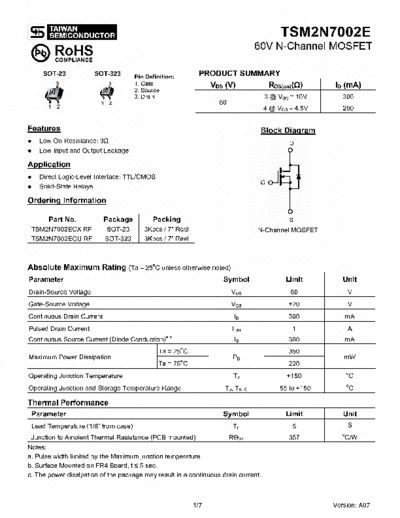 Taiwansemi tsm2n7002e a07  . Electronic Components Datasheets Active components Transistors Taiwansemi tsm2n7002e_a07.pdf