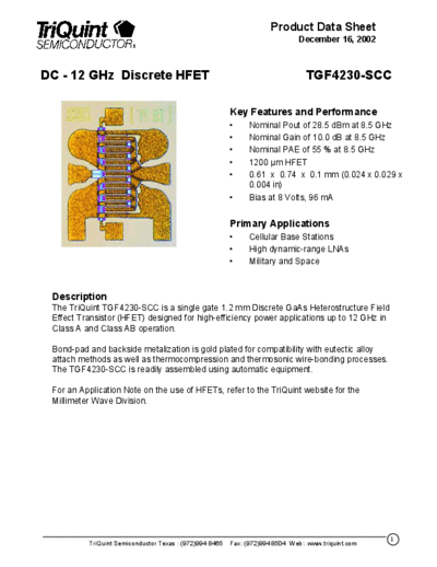 Triquint tgf4230-scc  . Electronic Components Datasheets Active components Transistors Triquint tgf4230-scc.pdf