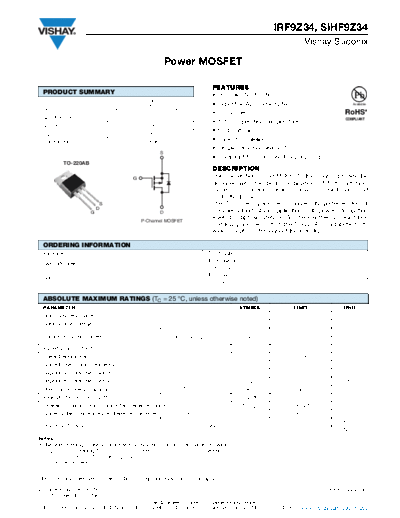 Vishay irf9z34 sihf9z34  . Electronic Components Datasheets Active components Transistors Vishay irf9z34_sihf9z34.pdf