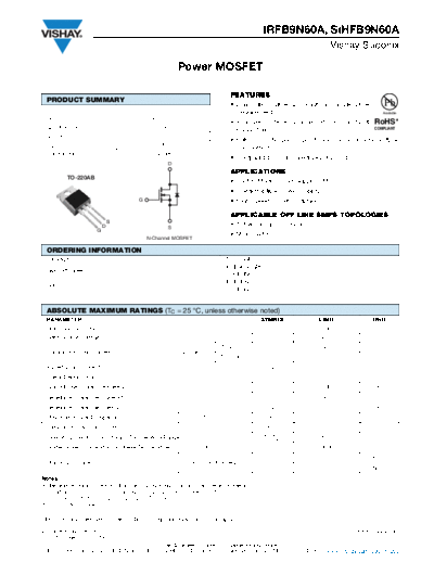 Vishay irfb9n60a sihfb9n60a  . Electronic Components Datasheets Active components Transistors Vishay irfb9n60a_sihfb9n60a.pdf