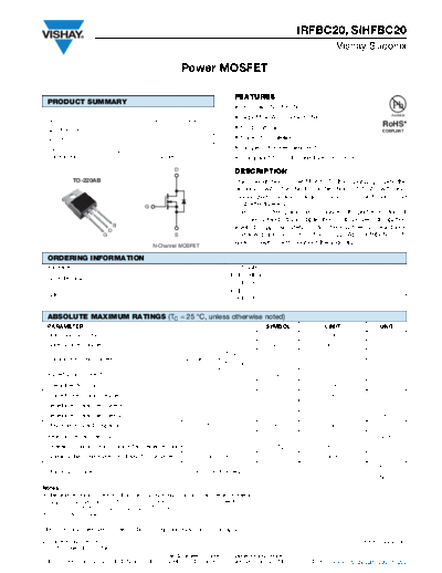 Vishay irfbc20 sihfbc20  . Electronic Components Datasheets Active components Transistors Vishay irfbc20_sihfbc20.pdf