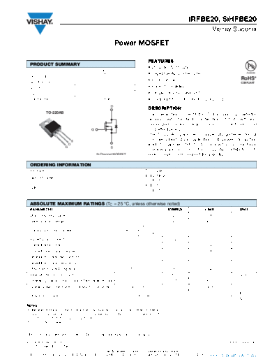 Vishay irfbe20 sihfbe20  . Electronic Components Datasheets Active components Transistors Vishay irfbe20_sihfbe20.pdf