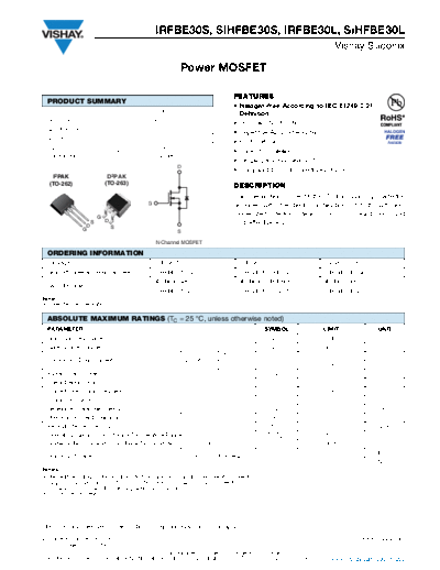 Vishay irfbe30s sihfbe30s irfbe30l sihfbe30l  . Electronic Components Datasheets Active components Transistors Vishay irfbe30s_sihfbe30s_irfbe30l_sihfbe30l.pdf