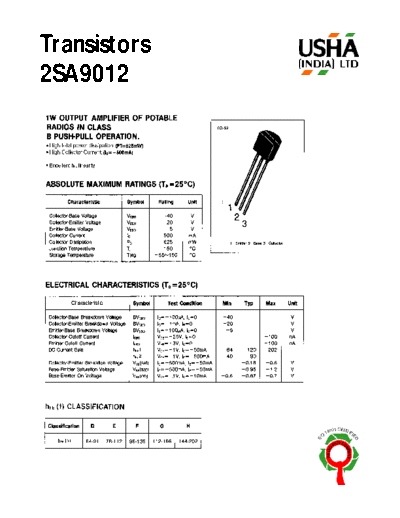 Usha 2sa9012  . Electronic Components Datasheets Active components Transistors Usha 2sa9012.pdf