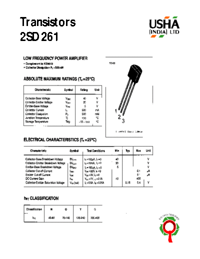 . Electronic Components Datasheets 2sd261  . Electronic Components Datasheets Active components Transistors Usha 2sd261.pdf