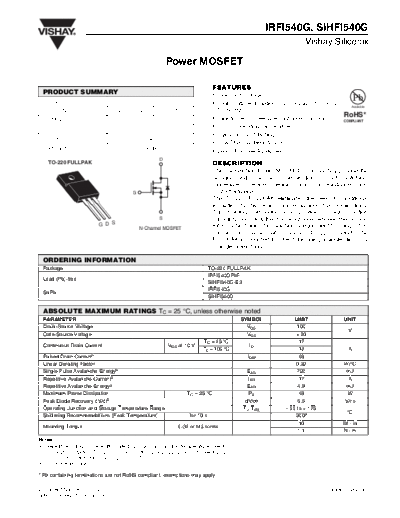 Vishay irfi540g sihfi540g  . Electronic Components Datasheets Active components Transistors Vishay irfi540g_sihfi540g.pdf