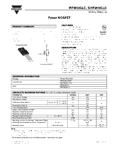 Vishay irfi840glc sihfi840glc  . Electronic Components Datasheets Active components Transistors Vishay irfi840glc_sihfi840glc.pdf