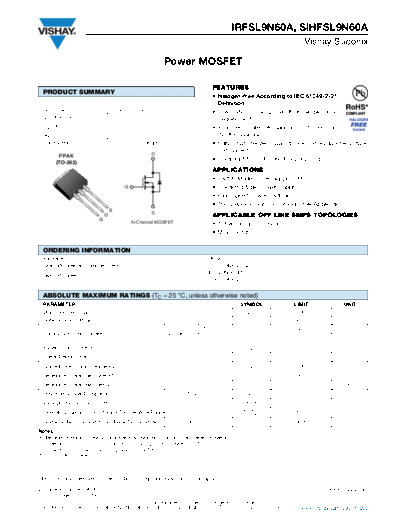 Vishay irfsl9n60a sihfsl9n60a  . Electronic Components Datasheets Active components Transistors Vishay irfsl9n60a_sihfsl9n60a.pdf