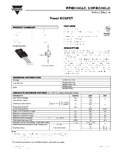 Vishay irfibc40glc sihfibc40glc  . Electronic Components Datasheets Active components Transistors Vishay irfibc40glc_sihfibc40glc.pdf