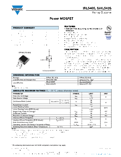 Vishay irl540s sihl540s  . Electronic Components Datasheets Active components Transistors Vishay irl540s_sihl540s.pdf