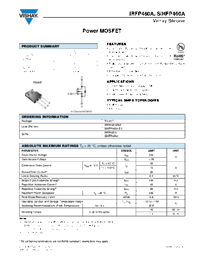 Vishay irfp460a sihfp460a  . Electronic Components Datasheets Active components Transistors Vishay irfp460a_sihfp460a.pdf