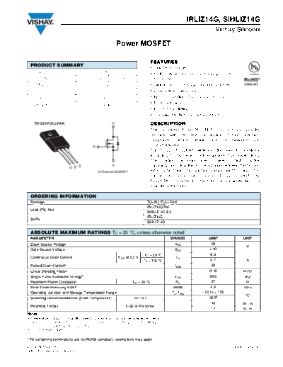 Vishay irliz14g sihliz14g  . Electronic Components Datasheets Active components Transistors Vishay irliz14g_sihliz14g.pdf