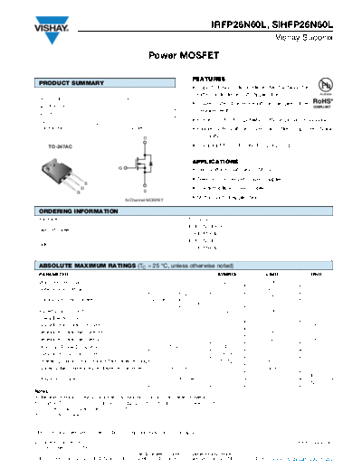 Vishay irfp26n60l sihfp26n60l  . Electronic Components Datasheets Active components Transistors Vishay irfp26n60l_sihfp26n60l.pdf