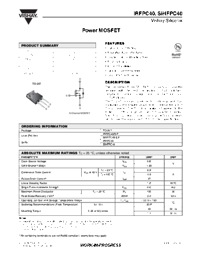 Vishay irfpc40 sihfpc40  . Electronic Components Datasheets Active components Transistors Vishay irfpc40_sihfpc40.pdf