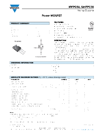 Vishay irfpc50 sihfpc50  . Electronic Components Datasheets Active components Transistors Vishay irfpc50_sihfpc50.pdf