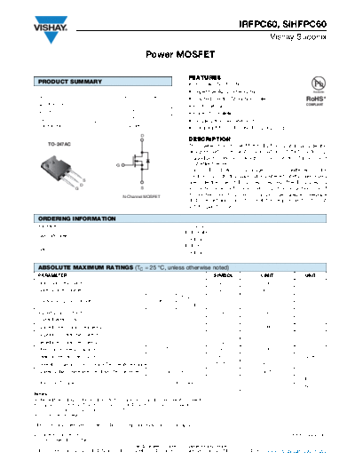 Vishay irfpc60 sihfpc60  . Electronic Components Datasheets Active components Transistors Vishay irfpc60_sihfpc60.pdf