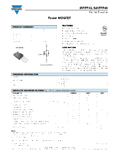 Vishay irfpf40 sihfpf40  . Electronic Components Datasheets Active components Transistors Vishay irfpf40_sihfpf40.pdf