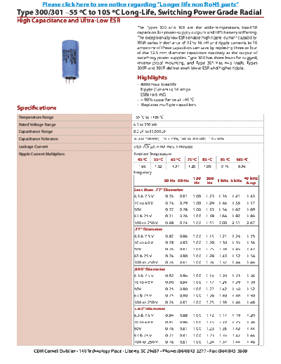 CDE [Cornell-Dubilier] CDE [radial thru-hole] 300-301 Series  . Electronic Components Datasheets Passive components capacitors CDE [Cornell-Dubilier] CDE [radial thru-hole] 300-301 Series.pdf