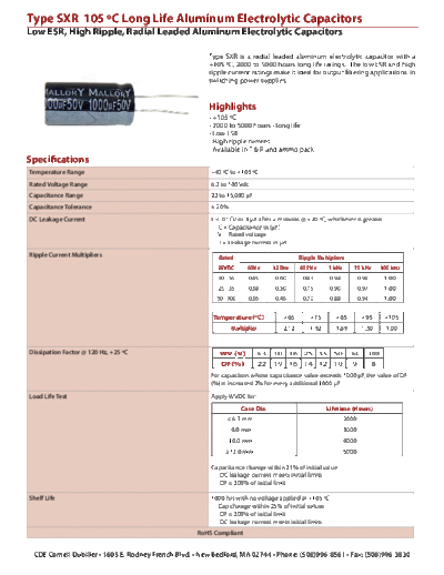 CDE [Cornell-Dubilier] CDE [radial thru-hole] SXR Series  . Electronic Components Datasheets Passive components capacitors CDE [Cornell-Dubilier] CDE [radial thru-hole] SXR Series.pdf
