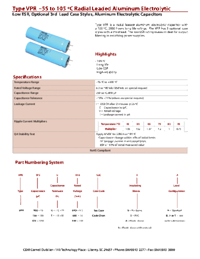 CDE [Cornell-Dubilier] CDE [radial thru-hole] VPR Series  . Electronic Components Datasheets Passive components capacitors CDE [Cornell-Dubilier] CDE [radial thru-hole] VPR Series.pdf