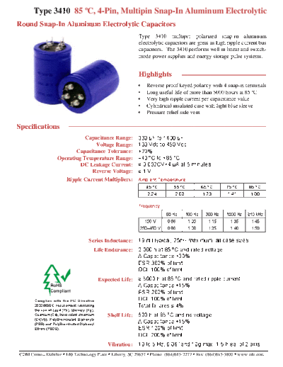 CDE [Cornell-Dubilier] CDE [snap-in] 3410 Series  . Electronic Components Datasheets Passive components capacitors CDE [Cornell-Dubilier] CDE [snap-in] 3410 Series.pdf