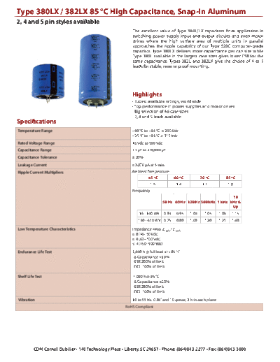 CDE [Cornell-Dubilier] CDE [snap-in] 380-382 LX Series  . Electronic Components Datasheets Passive components capacitors CDE [Cornell-Dubilier] CDE [snap-in] 380-382 LX Series.pdf