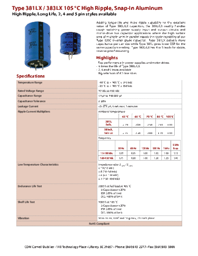 CDE [Cornell-Dubilier] CDE [snap-in] 381-383 LX Series  . Electronic Components Datasheets Passive components capacitors CDE [Cornell-Dubilier] CDE [snap-in] 381-383 LX Series.pdf