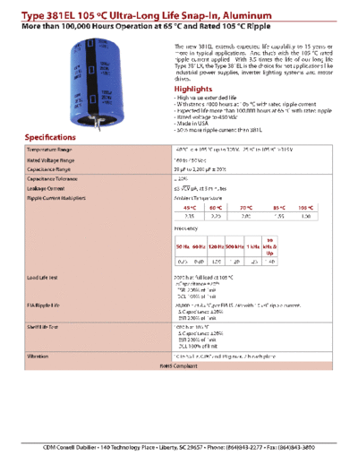 CDE [Cornell-Dubilier] CDE [snap-in] 381EL Series  . Electronic Components Datasheets Passive components capacitors CDE [Cornell-Dubilier] CDE [snap-in] 381EL Series.pdf